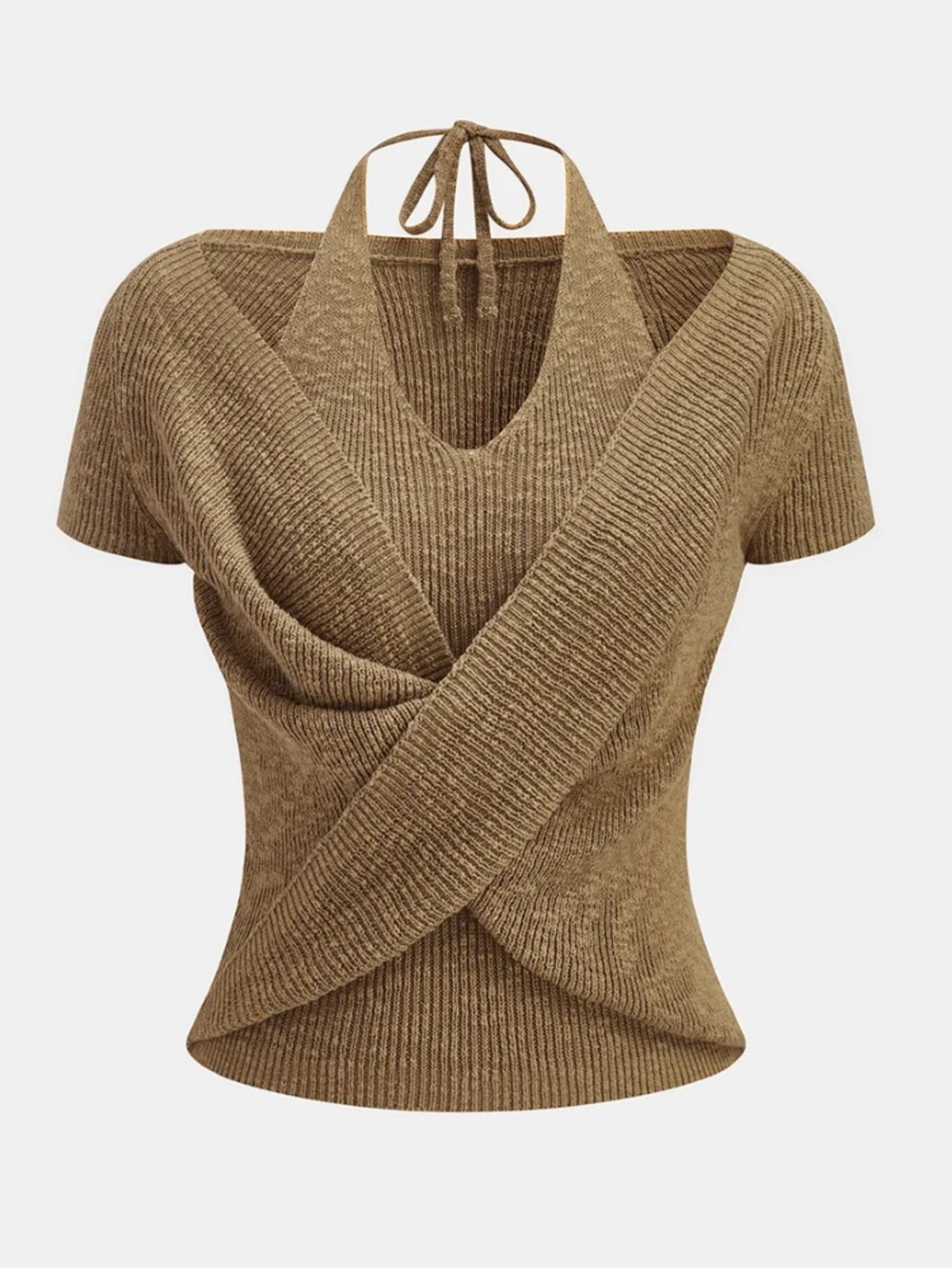 Commense Khaki Halter Wrap Short Sleeve Knit Top Size S